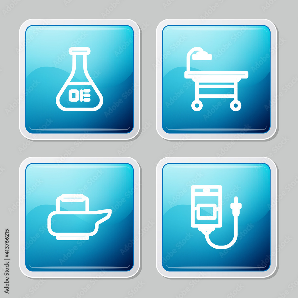 Set line Test tube and flask, Operating table, Bedpan and IV bag icon. Vector. Set line Test tube and flask, Operating table, Bedpan and IV bag icon. Vector.