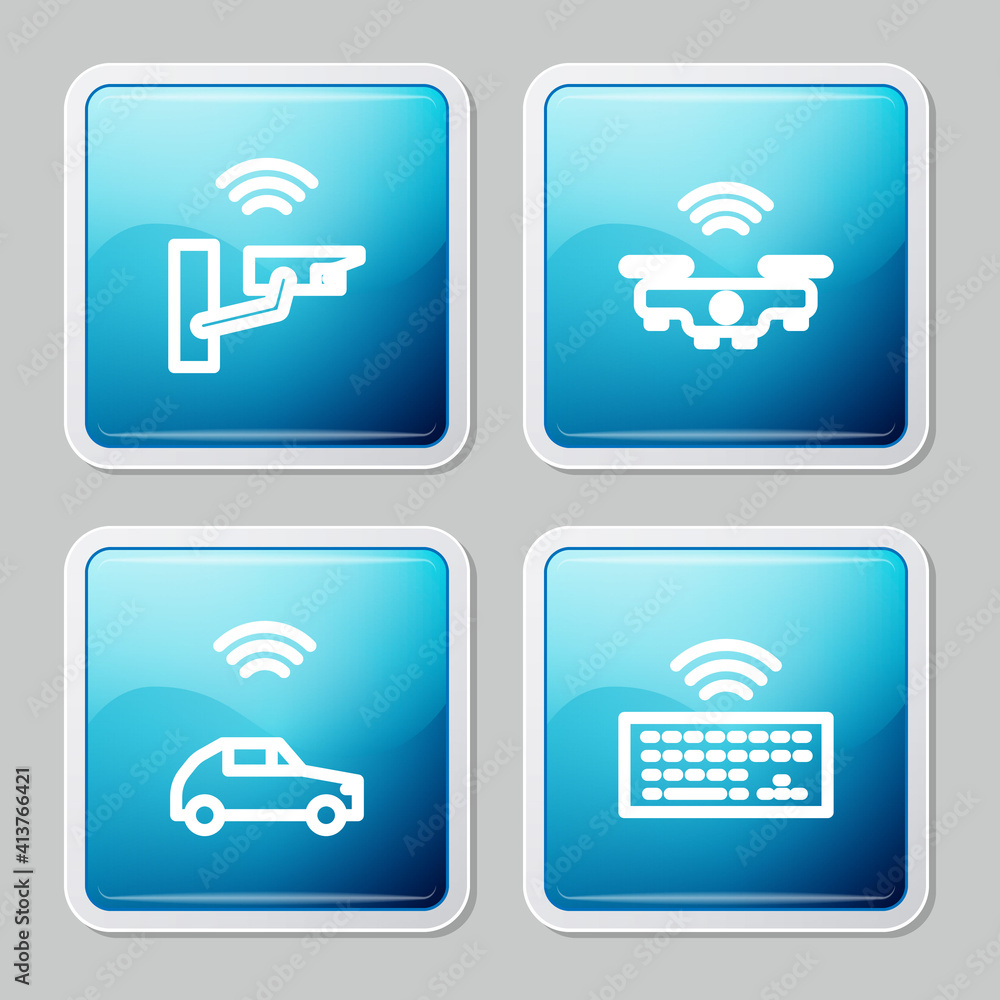 Set line Smart security camera, drone, car system with wireless and Wireless keyboard icon. Vector. Set line Smart security camera, drone, car system with wireless and Wireless keyboard icon. Vector.