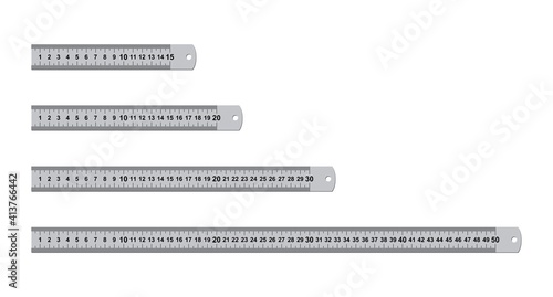 Metal rulers measuring tool set isolated on white background. 15, 20, 30, 50 centimeters rulers. Measure cm meter instrument, school metallic inch ruler metric tools geometric equipment. Vector