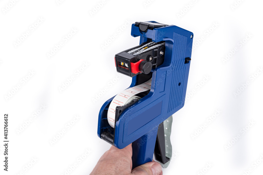 Naklejka premium Blue price gun on a white background