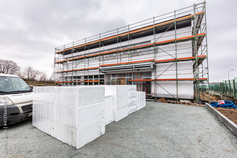 New building construction site. Styrofoam storage New building construction site. Styrofoam storage