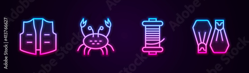 Set line Fishing jacket, Crab, Spinning reel for fishing and Rubber flippers swimming. Glowing neon icon. Vector.