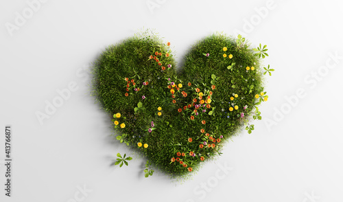 Fototapeta Naklejka Na Ścianę i Meble -  Green grass with spring summer flowers in heart shape
