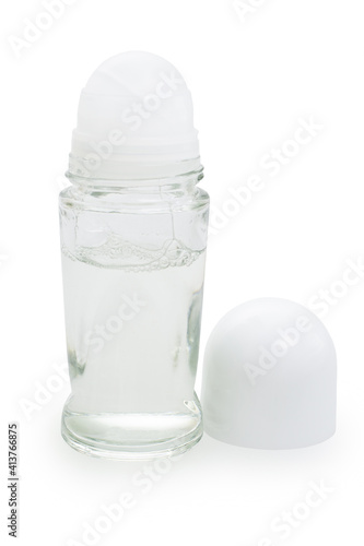 Clear roll-on bottle on white background with clipping path