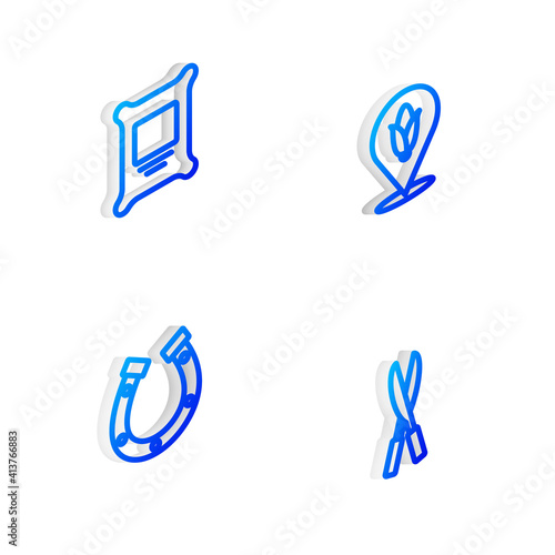 Set Isometric line Location corn, Fertilizer bag, Horseshoe and Gardening handmade scissors icon. Vector.