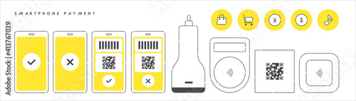 Smartphone and payment terminal icon set. Illustration of cashless payment.