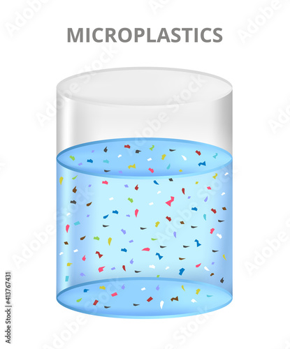 Vector illustration of microplastics – very small pieces of plastic products in water isolated on a white background. Water, ocean, sea pollution. Ecosystem problem – water pollution, plastics garbage
