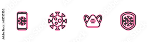 Set line Virus statistics on mobile, Medical protective mask, and Shield protecting from virus icon. Vector.