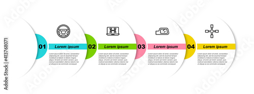 Set line Steering wheel, Diagnostics condition of car, Car mirror and Wheel wrench. Business infographic template. Vector.