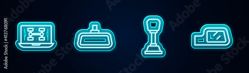 Set line Diagnostics condition of car, Car mirror, Gear shifter and . Glowing neon icon. Vector.