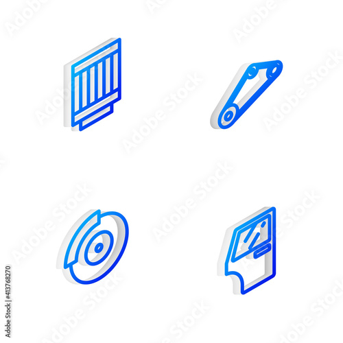 Set Isometric line Timing belt kit  Car air filter  brake disk with caliper and door icon. Vector.