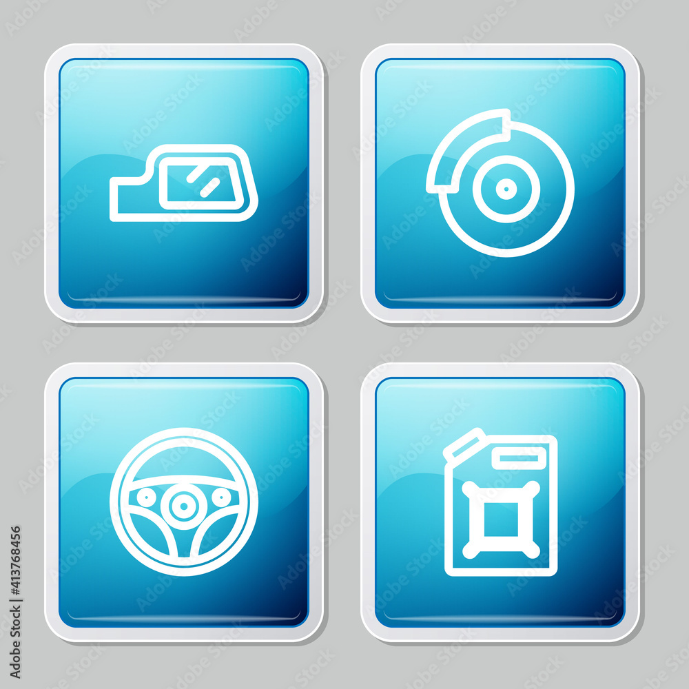 Set line Car mirror, brake disk with caliper, Steering wheel and Canister for gasoline icon. Vector. Set line Car mirror, brake disk with caliper, Steering wheel and Canister for gasoline icon. Vector.