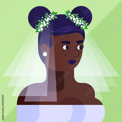 Geometric contemporary portrait of modern african-american woman. Bride in wedding veil with two hair buns - avatar. Charming bride with hairstyle in rustic. Young bride face side view