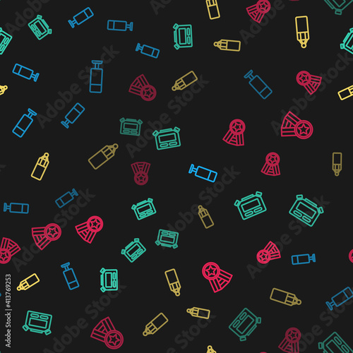 Set line Punching bag, Stopwatch, and Medal on seamless pattern. Vector.