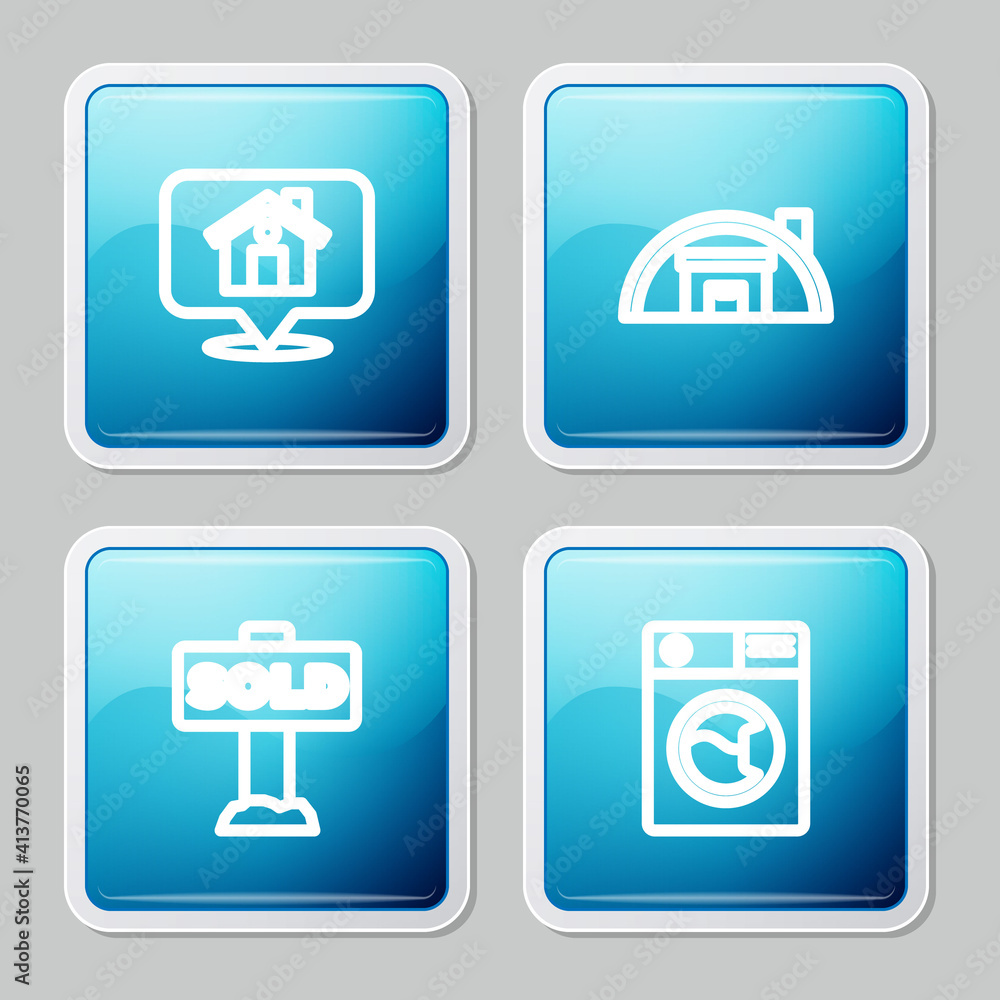 Set line Location with house, Warehouse, Hanging sign text Sold and Washer icon. Vector. Set line Location with house, Warehouse, Hanging sign text Sold and Washer icon. Vector.