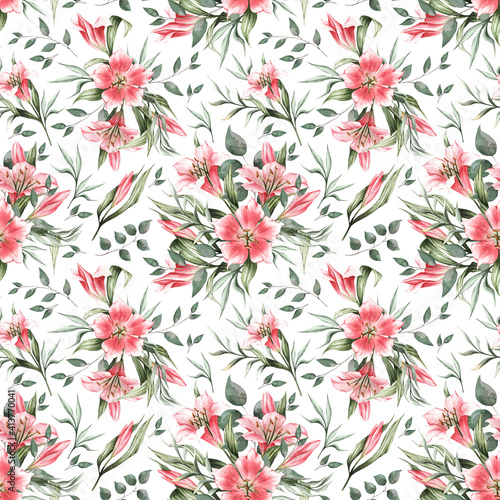Fototapeta Naklejka Na Ścianę i Meble -  Hand drawn watercolor pattern. Spring pattern with pink lilies and green leaves, Great for clothing, fabric, textile, wallpaper, decor, invitation cards, etc.