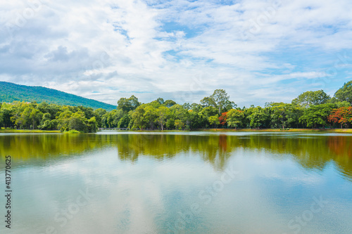 Small mountain lake with reflect water 