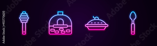 Set line Honey dipper stick, Brick stove, Homemade pie and Spoon. Glowing neon icon. Vector.