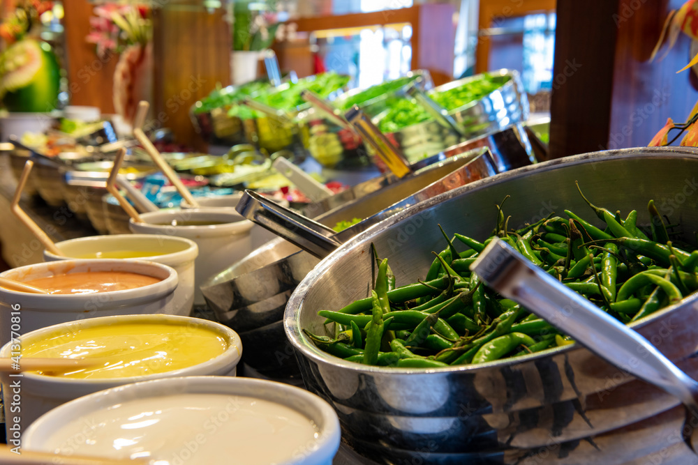 Vegetables on the open buffet.Salad bar. Vegetables on the open buffet.Salad bar.