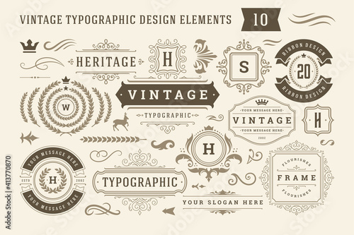 Vintage typographic design elements set vector illustration.