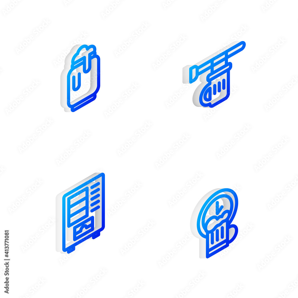 Set Isometric line Signboard with glass of beer, Beer can foam, Vending machine and Happy hour icon. Vector. Set Isometric line Signboard with glass of beer, Beer can foam, Vending machine and Happy hour icon. Vector.