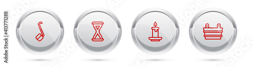 Set line Sauna ladle, hourglass, Aroma candle and bucket. Silver circle button. Vector.