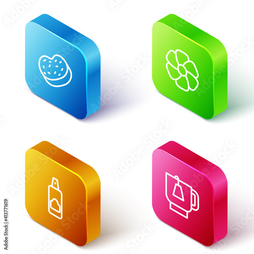 Set Isometric line Bath sponge, Flower, Spray can for hairspray and Cup of tea with tea bag icon. Vector.
