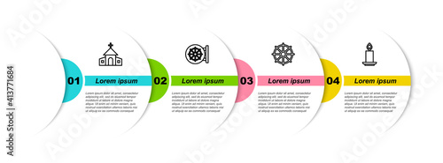 Set line Church building, Dharma wheel, and Burning candle. Business infographic template. Vector.