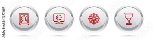 Set line Christian icon, Star and crescent, Dharma wheel and Holy grail or chalice. Silver circle button. Vector.