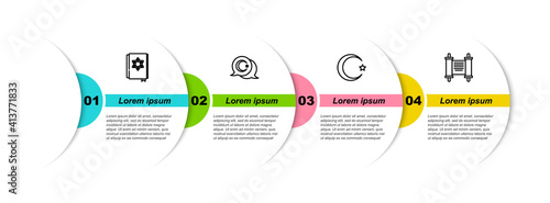 Set line Jewish torah book, Star and crescent, and Decree, paper, parchment, scroll. Business infographic template. Vector.
