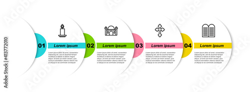 Set line Burning candle, Muslim Mosque, Christian cross and The commandments. Business infographic template. Vector.