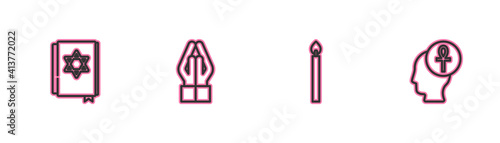 Set line Jewish torah book, Burning candle, Hands praying position and Cross ankh icon. Vector.