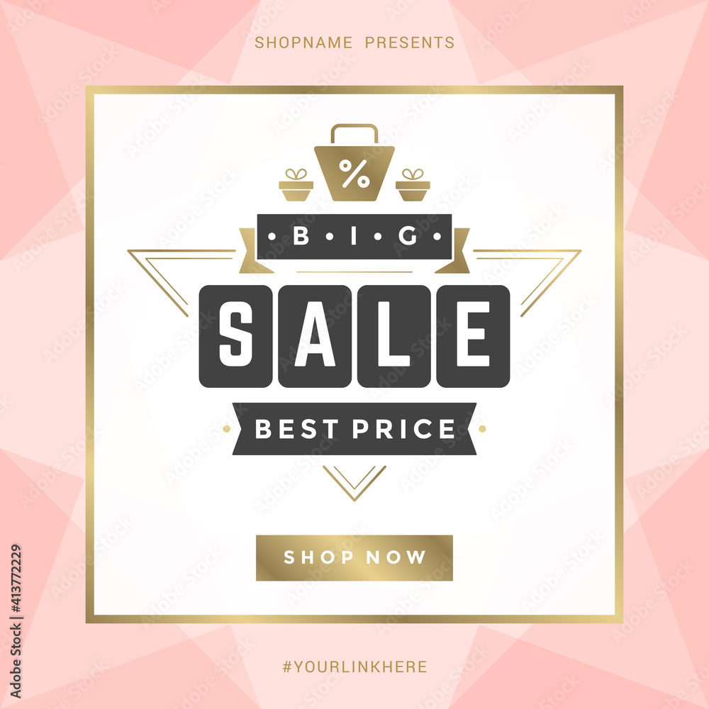 Naklejka premium Sale banner template design with gold frame and big sale message vector illustration