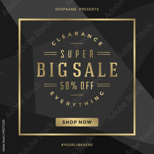 Sale banner template design with gold frame and big sale message vector illustration