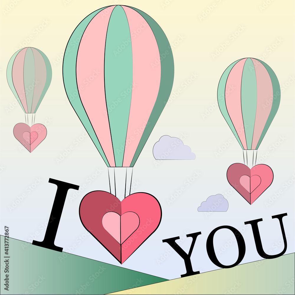 Balloons, cards for Valentine's Day with the signature - I love you. Vector illustration in a flat style.