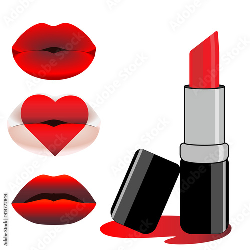 Red lipstick. Printed lips. Flat vector illustration.