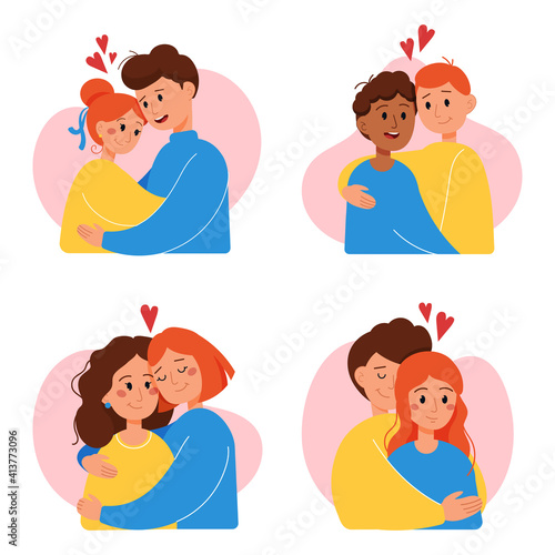 Set of couples in love hugging isolated on white background. Vector illustration for Valentine's day greeting card