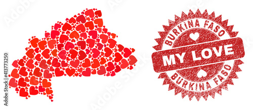 Vector collage Burkina Faso map of lovely heart elements and grunge My Love badge. Collage geographic Burkina Faso map created using love hearts.