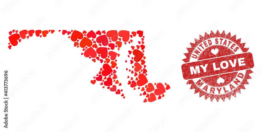 Vector mosaic Maryland State map of valentine heart items and grunge My Love badge. Mosaic geographic Maryland State map designed with love hearts. Vector mosaic Maryland State map of valentine heart items and grunge My Love badge. Mosaic geographic Maryland State map designed with love hearts.