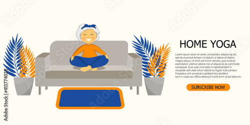 Concept of online lessons, yoga studio. Sporty Granny does yoga on a sofa. Old person. Exersice for better health. Grandma, grandmother character for landing page, banner,add.Vector flat illustration.