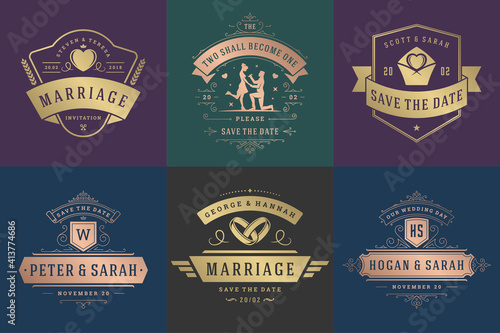 Wedding invitations save the date logos and badges vector elegant templates set