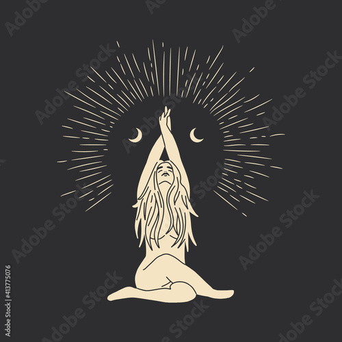 Vintage vintage engraving style. Abstract woman silhouette. Spiritual origin of the universe of magic and space, phases of the moon
