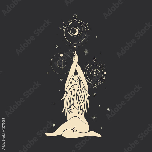 Vintage vintage engraving style. Abstract woman silhouette. Spiritual origin of the universe of magic and space, phases of the moon