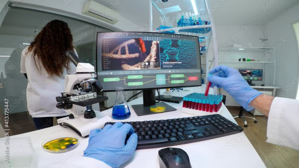 FPV of lab technician typing datas of patients from vacutainer, analysing blood samples. Team of researchers examining vaccine evolution using high tech chemistry tools for medical research FPV of lab technician typing datas of patients from vacutainer, analysing blood samples. Team of researchers examining vaccine evolution using high tech chemistry tools for medical research