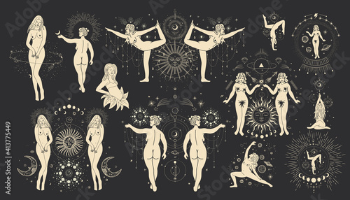 Vintage vintage engraving style. Abstract woman silhouette. Spiritual origin of the universe of magic and space, phases of the moon