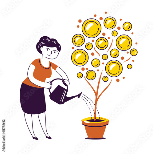 Money tree watering can. Finance, business concept vector illustration