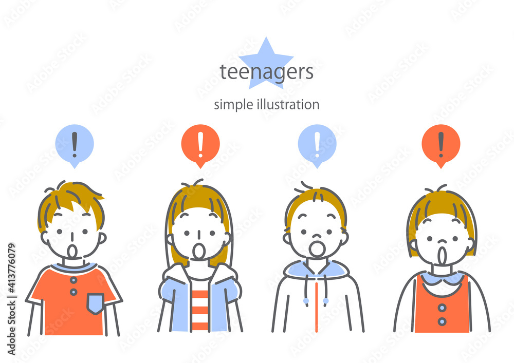 シンプルでおしゃれな線画の10代の子供たち4人の表情別イラスト素材セット ひらめき Stock Vector Adobe Stock
