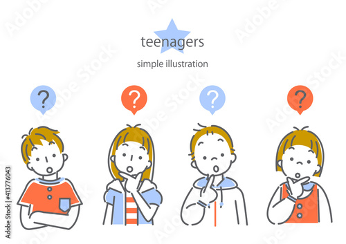 シンプルでおしゃれな線画の10代の子供たち4人の表情別イラスト素材セット　考える　疑問