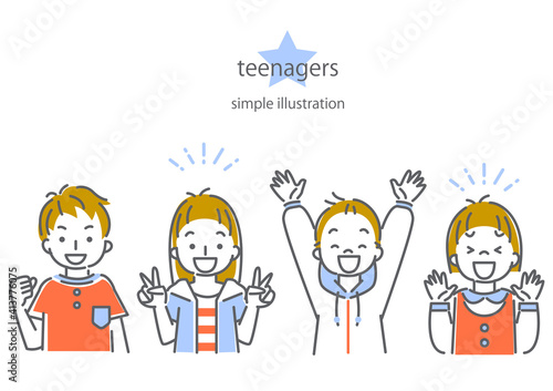 シンプルでおしゃれな線画の10代の子供たち4人の表情別イラスト素材セット　大喜び