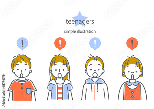 シンプルでおしゃれな線画の10代の子供たち4人の表情別イラスト素材セット ひらめき